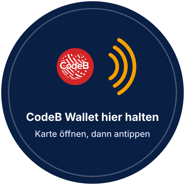NFC-Aufkleber: CodeB Wallet hier halten. Karte öffnen, dann antippen.
