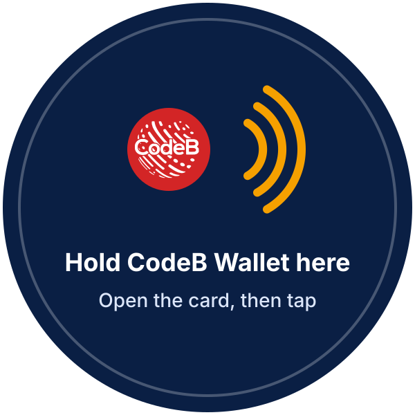 NFC reader sticker: Hold CodeB Wallet here. Open the card, then tap.