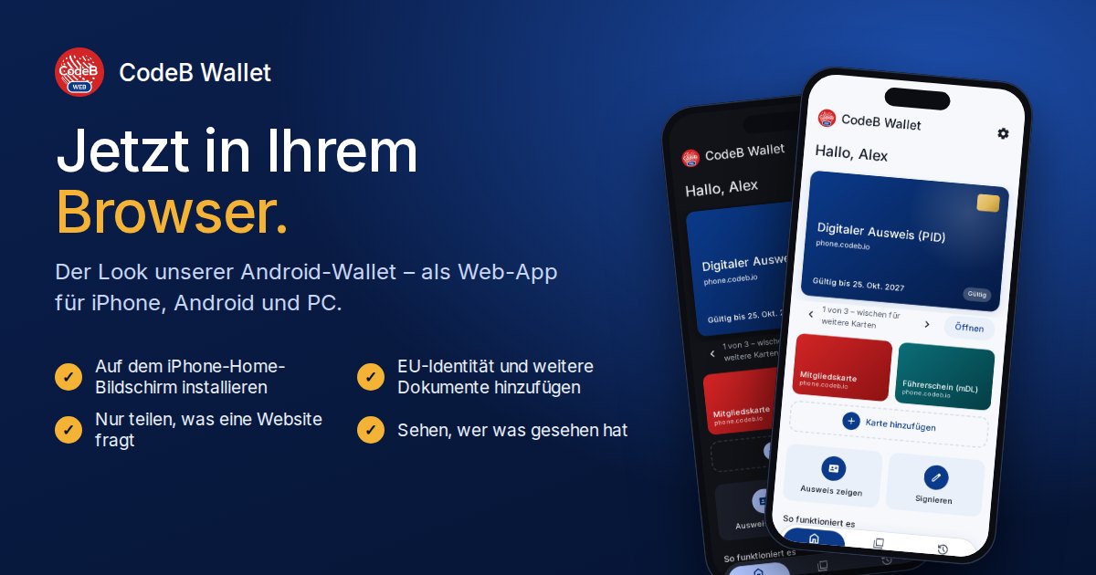 CodeB Wallet als Web-App auf zwei Telefonen, dunkel und hell: Startbildschirm mit digitalem Ausweis, Mitgliedskarte und Führerschein.