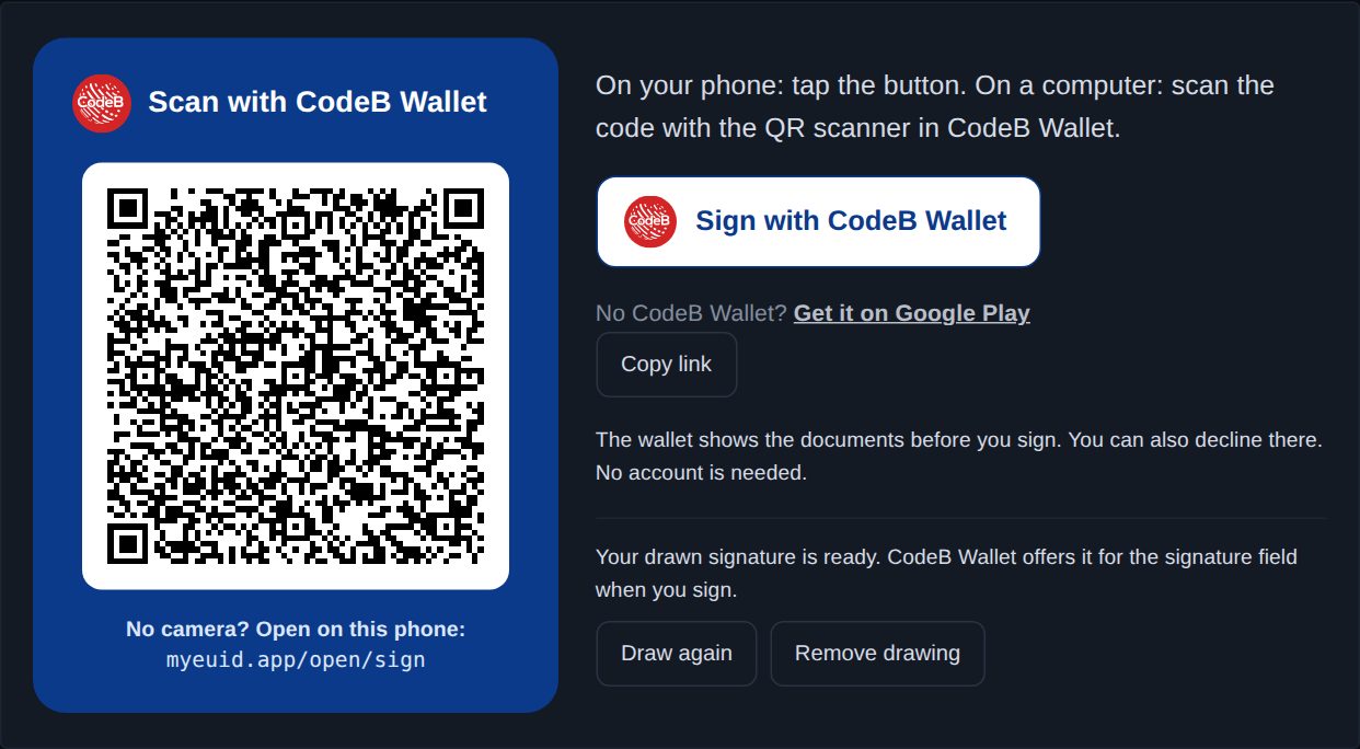 Seite des Unterzeichners mit QR-Code und dem Hinweis, dass die gezeichnete Unterschrift bereit ist